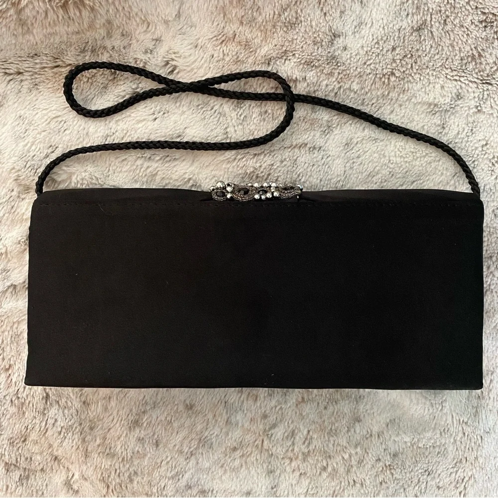 Jessica McClintock Satin Black Beaded Rhinestone Evening Clutch Purse handbag